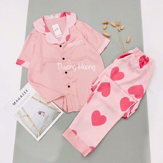 Pyjama lụa áo cộc quần dài hoạ tiết dễ thươngo