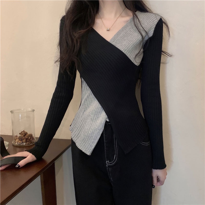 Áo Len Tay Dài Cổ Chữ V Vạt Chéo Thời Trang Hàn Quốc Dành Cho Nữ