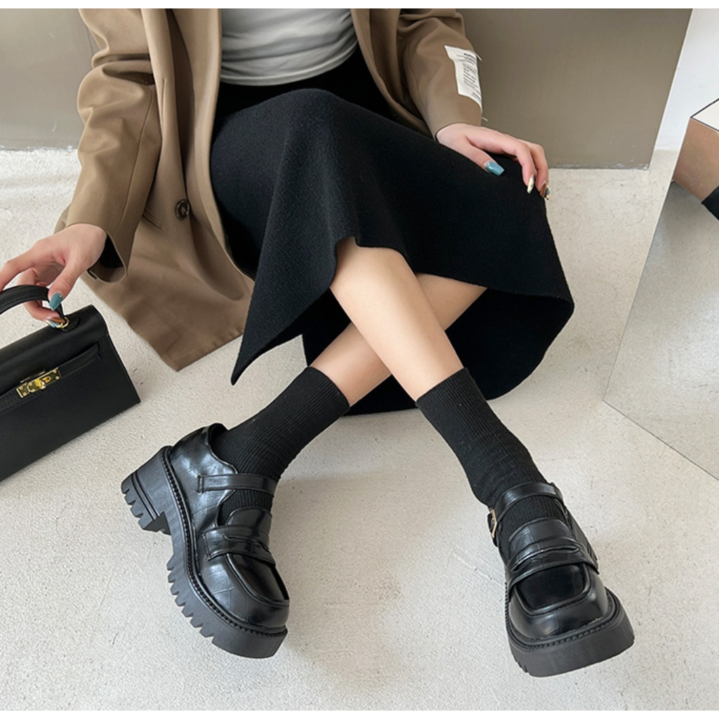 Giày Loafer Nữ Bánh Mì	Đế Cao 5 Phân Mũi Vuông Phong Cách Nhật Bản