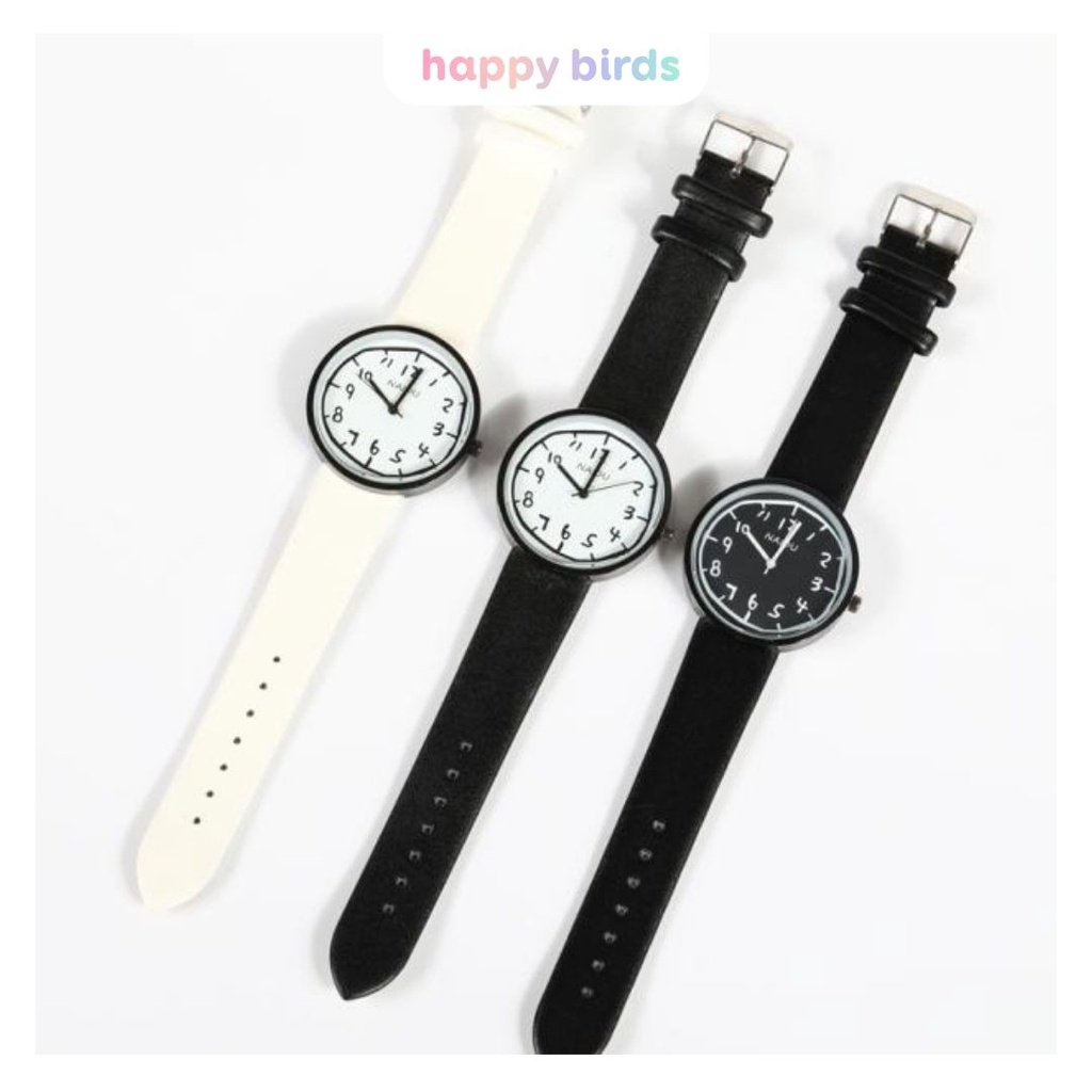 Đồng hồ cơ đeo tay NAIDU họa tiết hoạt hình vẽ tay doodle phong cách tối giản phụ kiện thời trang unisex HappyBirds