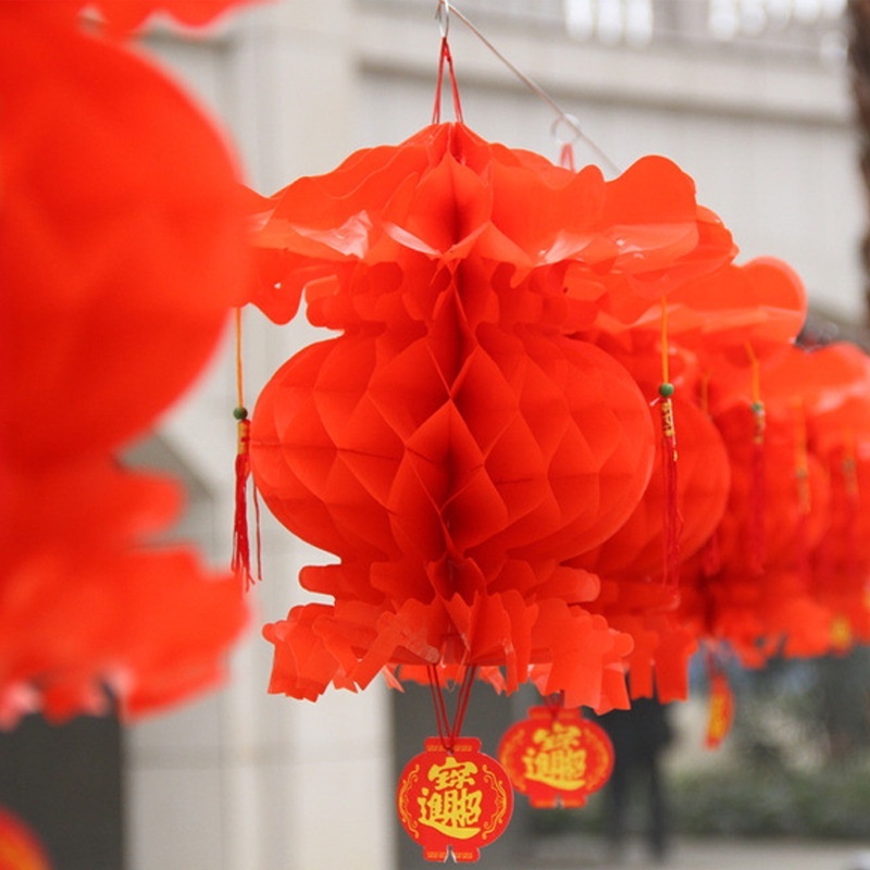 Lồng Đèn Giấy Tổ Ong Đỏ Giàu Có Thể Tái Sử Dụng Treo Trang Trí Nhà Cửa