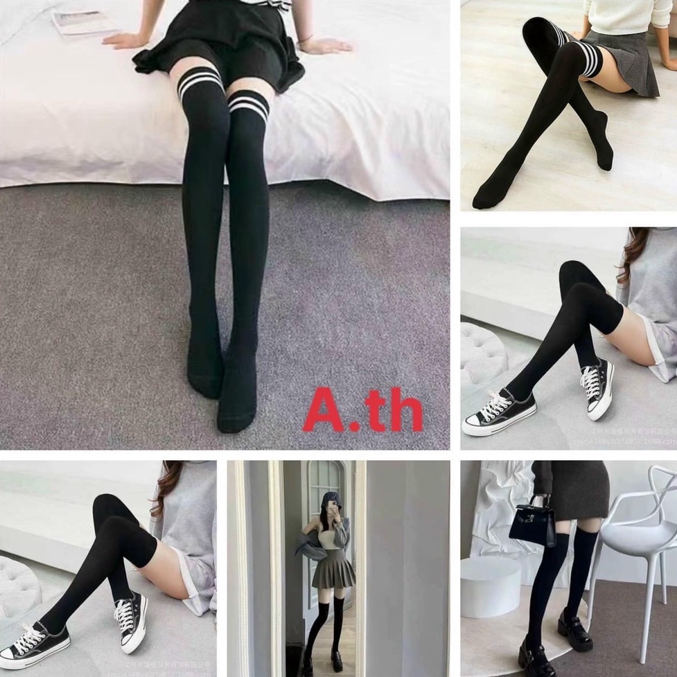 Tất vớ dài ngang đùi họa tiết kẻ sọc và trơn, vớ đùi, qua đầu gối chất liệu đanh,dai style Hàn quốc coslay
