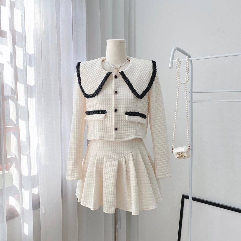 Set chân váy xếp ly kèm áo croptop, Bộ áo sơ mi ngắn cổ bẻ kèm chân váy, Set chân váy áo sơ mi cách điệu chất liệu xốp