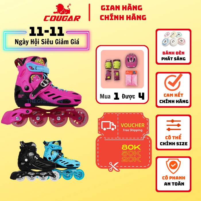 Giày Patin Trẻ Em Cougar-Centosy T-rex Có Bánh Đèn Phát Sáng, Có Khóa Bán Tự Động, Nút Chỉnh Size Dễ Dàng Sử Dụng
