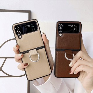 Ốp Điện Thoại Da Phối Nhựa Cứng Chống Sốc Kèm Móc Xỏ Ngón Sang Trọng Cho Samsung Galaxy Z Flip 3 4 5G Z Flip4