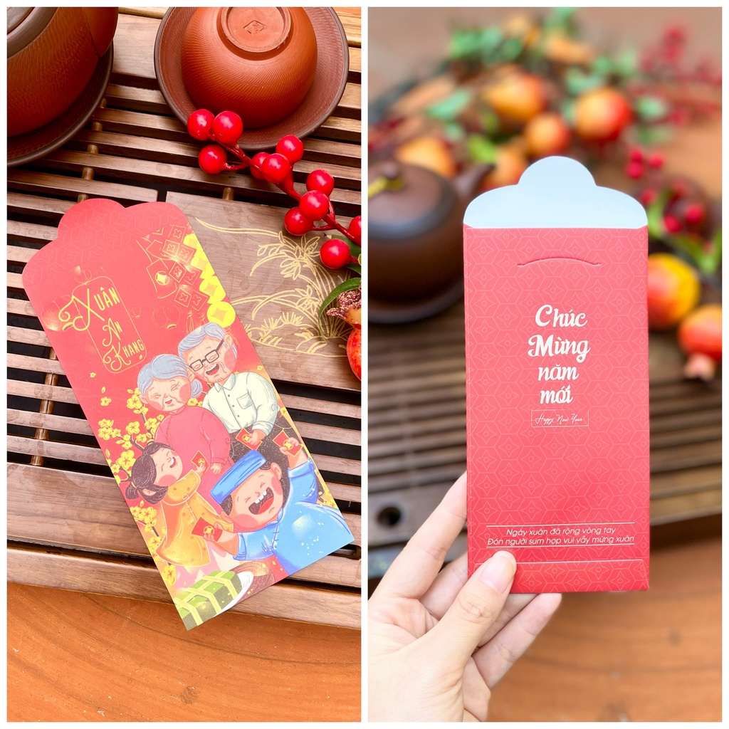 Sét 12 Bao Lì Xì TẾT THIẾT KẾ đặc sắc - Hình xuân sum vầy - Giấy C150 cán mờ in sắc nét