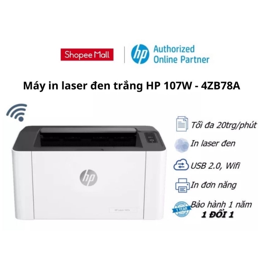 Máy in Laser trắng đen HP 107w Printer (In, Wifi, Trắng) 4ZB78A) - Hàng Chính Hãng