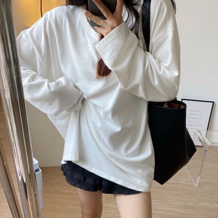 FOCUS Áo thun tay dài nữ trắng thời bigsize trang nữ unisex áo phông nữ form rộng ulzzang 100%cotton