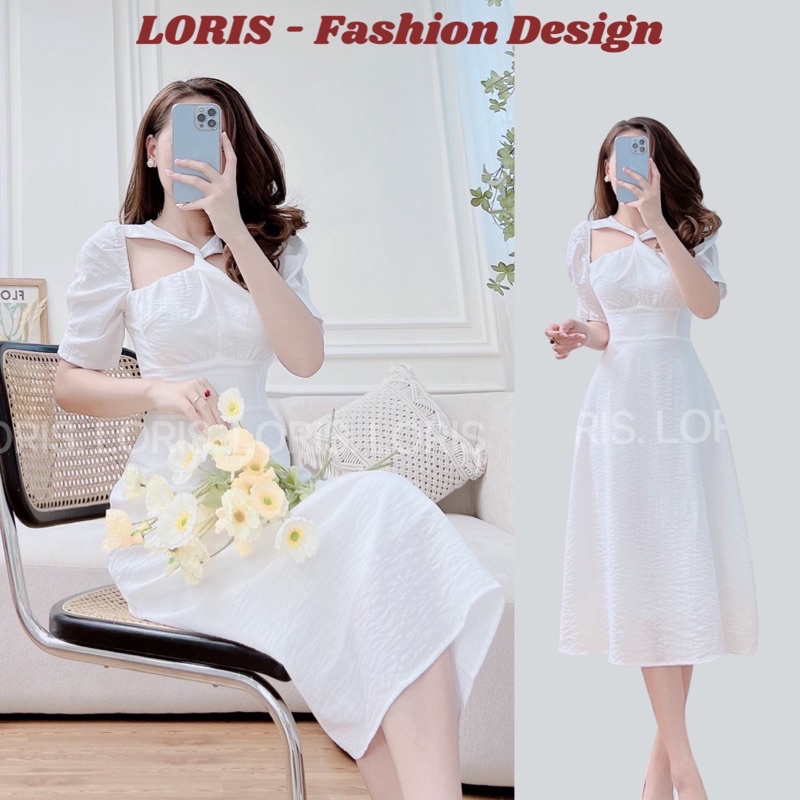 Đầm chéo cổ 2 màu trắng đen dáng xoè đi tiệc dạo phố xinh xắn