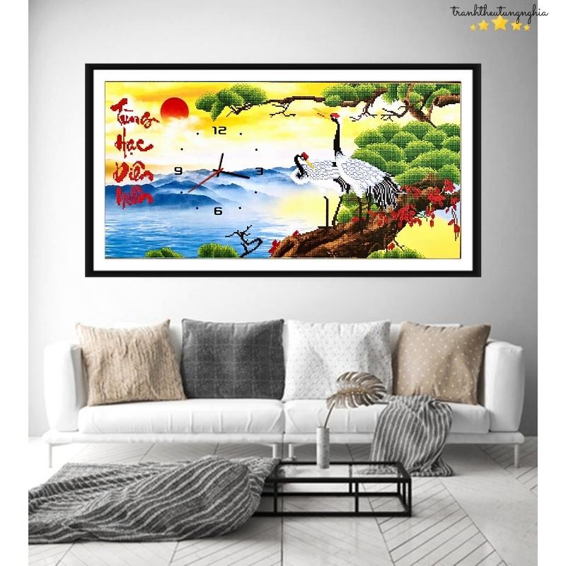 Tranh thêu chữ thập đồng hồ tùng hạc diên niên 72cm x 40cm