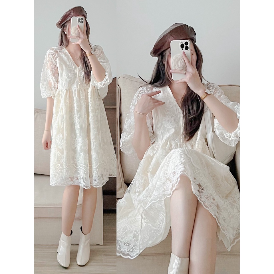 Váy Đầm Nữ Dự Tiệc Dáng Babydoll Phối Ren Cổ Tim, Váy Dự Đám Cưới Babydoll