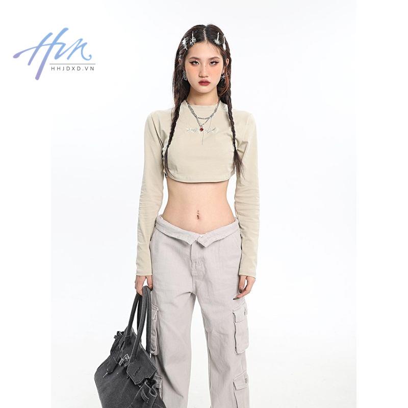 Áo Thun Lửng Tay Dài Thêu Chữ Hai Màu Sắc Retro Cho Nữ