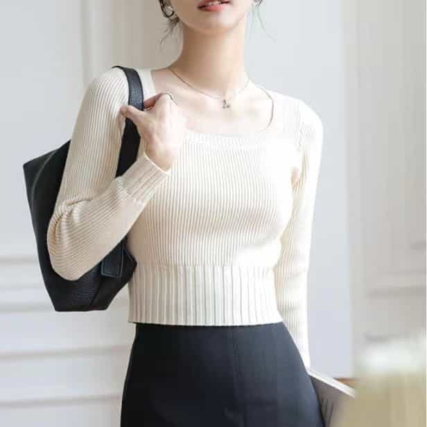 Aphrod Áo Thun Dệt Kim Mỏng Tay Dài Dáng Ôm Thời Trang Cho Nữ