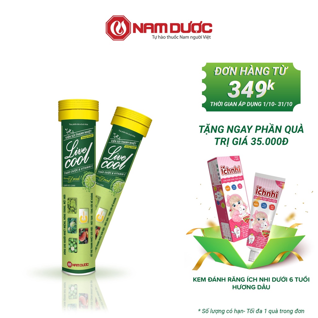 Viên sủi thanh nhiệt Livecool Nam Dược hương chanh 16 viên x4g hỗ trợ giảm nhiệt miệng nóng trong, tăng sức đề kháng