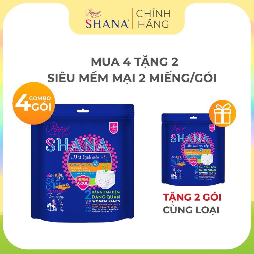 bộ 4 gói Băng vệ sinh Quần SHANA free size, 2 miếng/gói, tặng thêm 2 gói cùng loại