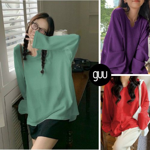 Áo thun trơn GUU tay dài thiết kế cổ khoét form rộng oversize chất vải tổ ong mềm ulzzang