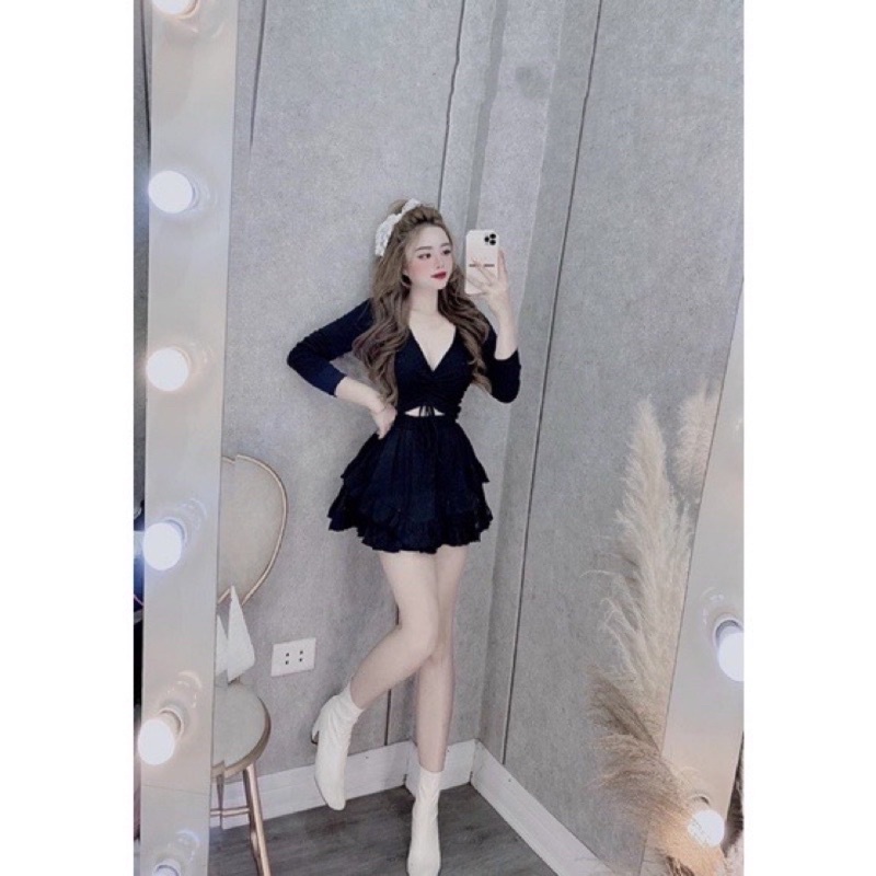 set váy bèo áo tay dài rút ngực ( tăm đũa y hình ) - CarotShop