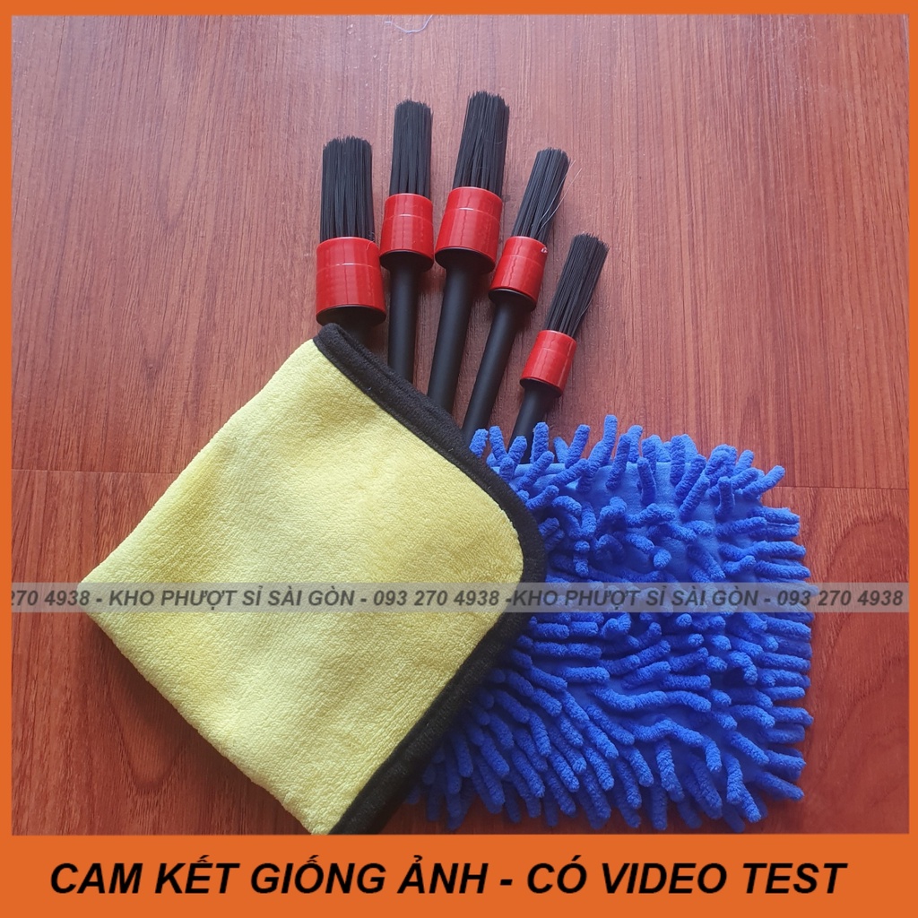 Bộ combo 3 dụng cụ vệ sinh xe máy Biker tại nhà - 5 cọ long - găng bọt - khăn vàng xám
