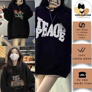 Áo sweater Nữ cổ tròn Đen in hình cute dáng rộng tay bồng chất nỉ dày dặn mềm mịn Ulzzang