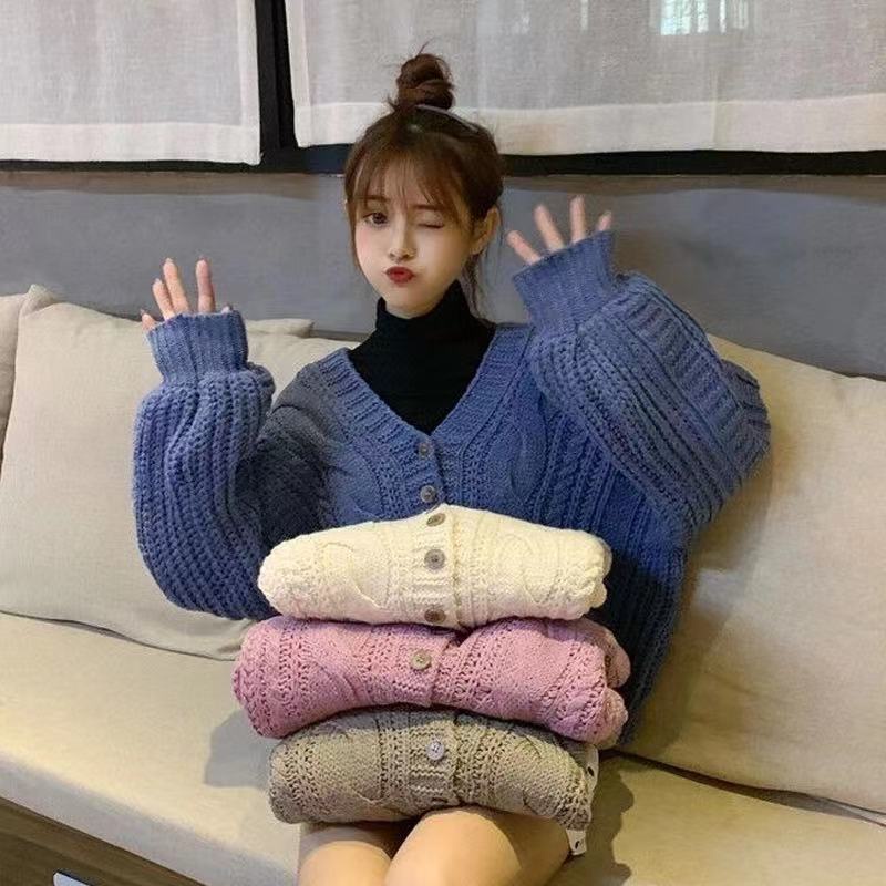 Áo Khoác Cardigan Dệt Kim Tay Dài Dáng Ngắn Cổ Chữ V Thời Trang Thu Đông Phong Cách Nhật Bản
