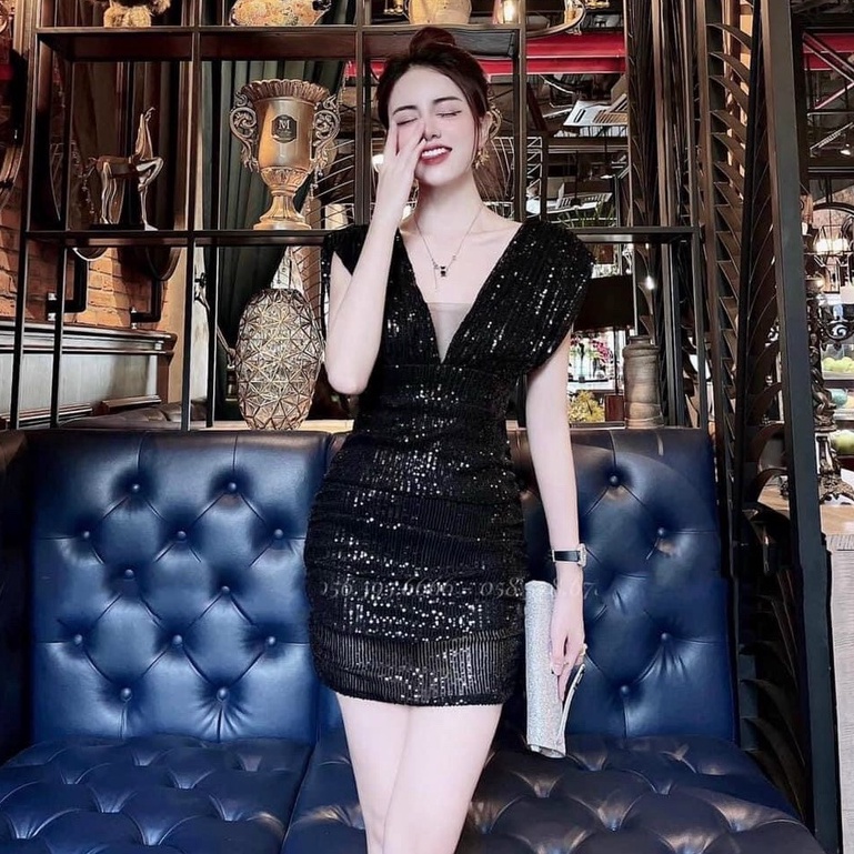 Váy Đầm Kim Sa Cổ V Phối Lưới Dự Tiệc Dạo Phố Sang Chảnh,Đầm Body thiết kế may full 2 Lớp  XM Minh Phúc