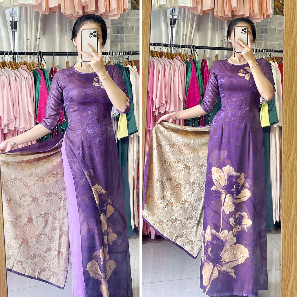 Áo dài Mẹ Bà sui Trung niên Gấm dệt hoa Thái Tuấn cực đẹp - có size lớn - màu tím và xanh ngọc sang chảnh