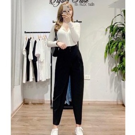 Quần Tây Baggy Nữ 2 cúc Khuy Cạp Liền Mẫu Mới Siêu Hot Quần Tây Nữ Lưng Cao Đi Học Công Sở Vải Đen Mềm Ống Đứng Dáng Dài