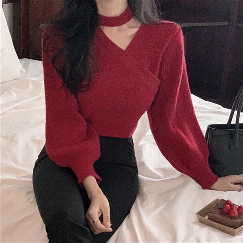 Áo dệt kim SUXI dài tay cổ chữ V trễ vai gợi cảm cho nữ