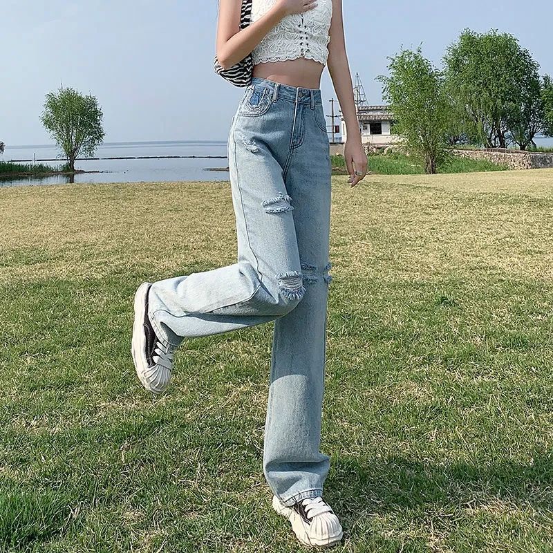 Jiashucheng Quần Jean Dài Lưng Cao Ống Rộng Phối Rách Thời Trang Mùa Hè Cho Nữ