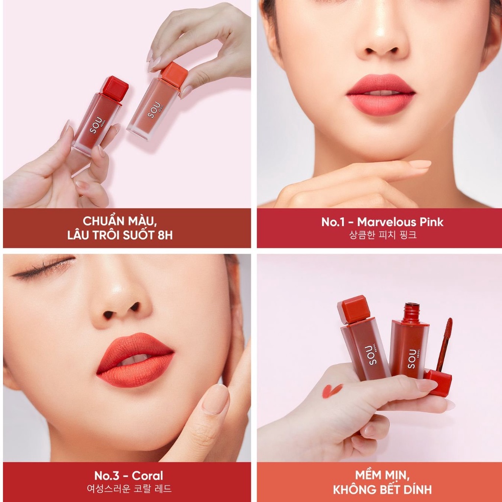 Son Kem Siêu Lì SOU 7g, 6 màu sắc thời thượng, Mềm Mịn Lâu Trôi, Dưỡng Ẩm Môi Tối Ưu
