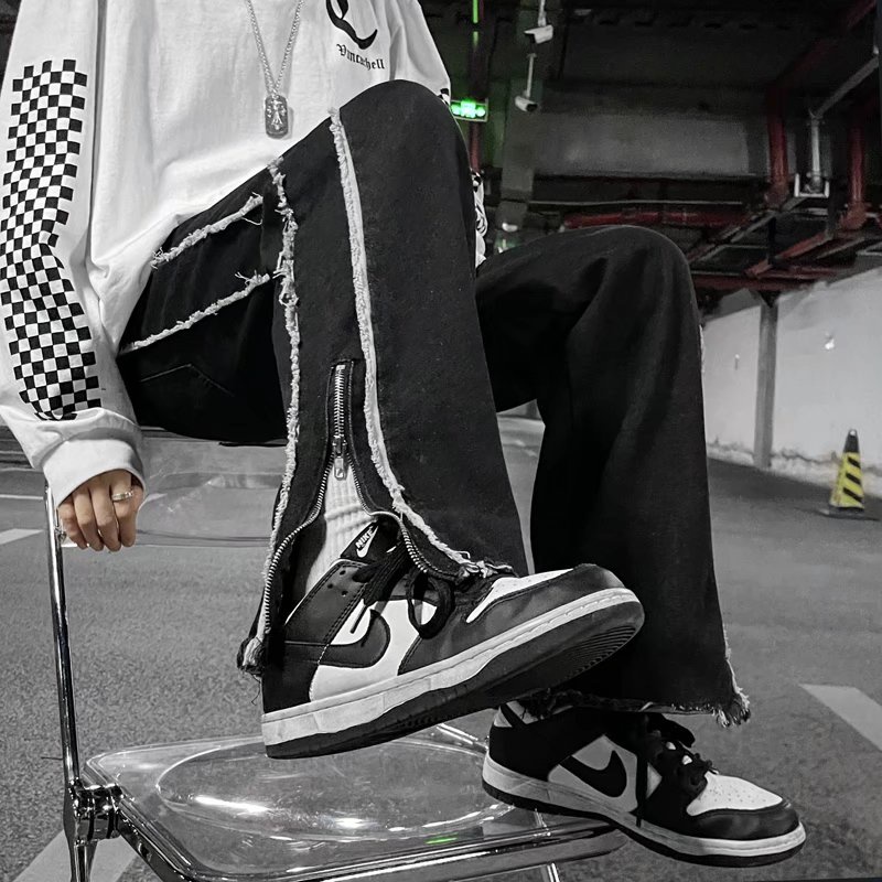 Quần jean dài dáng suông rộng phối xẻ tà có kháo kéo kẻ sọc phong cách trẻ trung cá tính cho nam