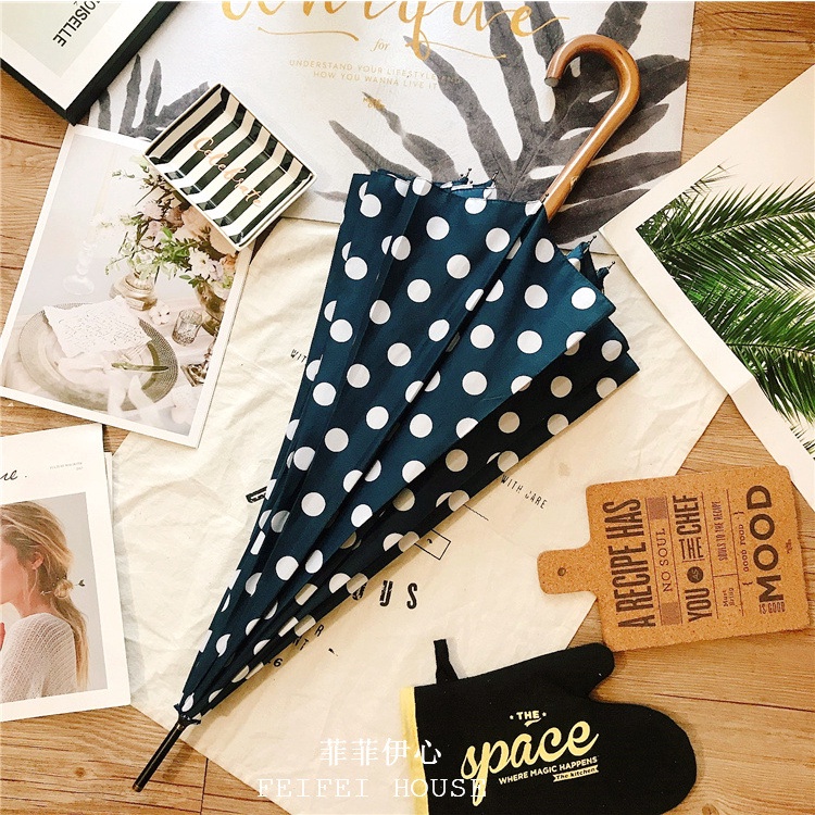 Dù Tự Động 12 Xương Họa Tiết Chấm Bi Tay Cầm Dài Màu Trơn Phong Cách Hàn Quốc Dành Cho Nam Nữ