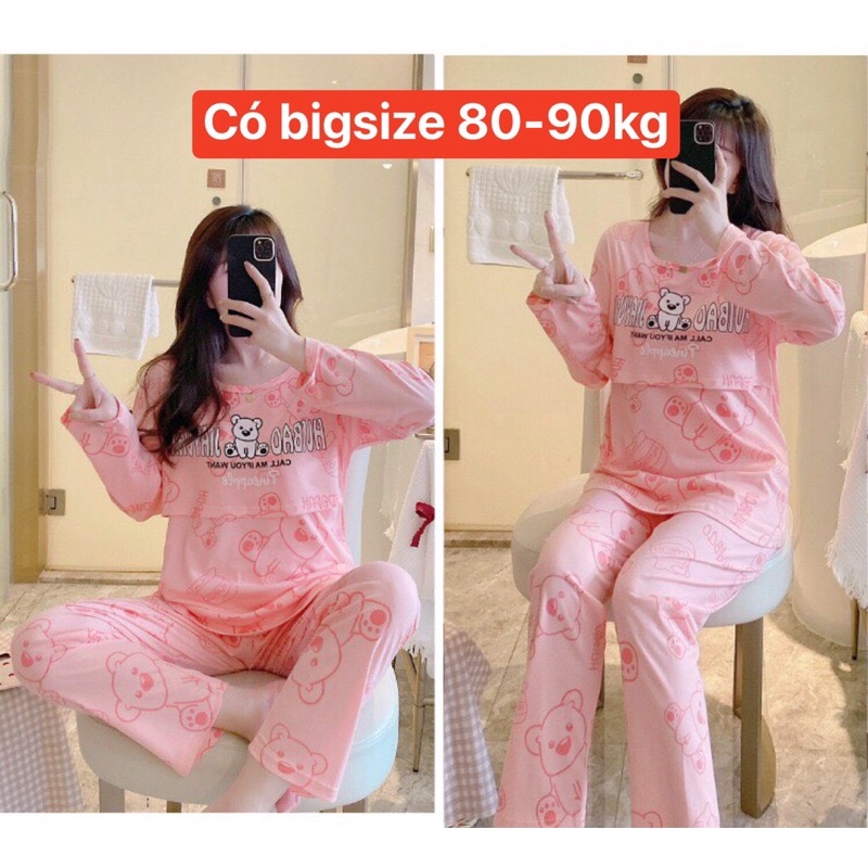 Đồ bộ bầu pijama bà bầu và sau sinh cho con bú ti dài tay thu đông mặc nhà có bigsize 80kg