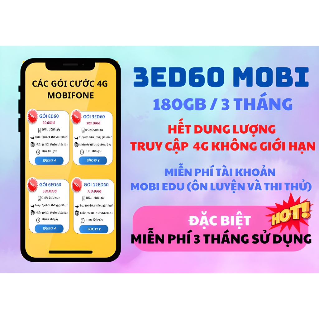 Sim Mobifone 4G gói 3ED60 không giới hạn dung lượng