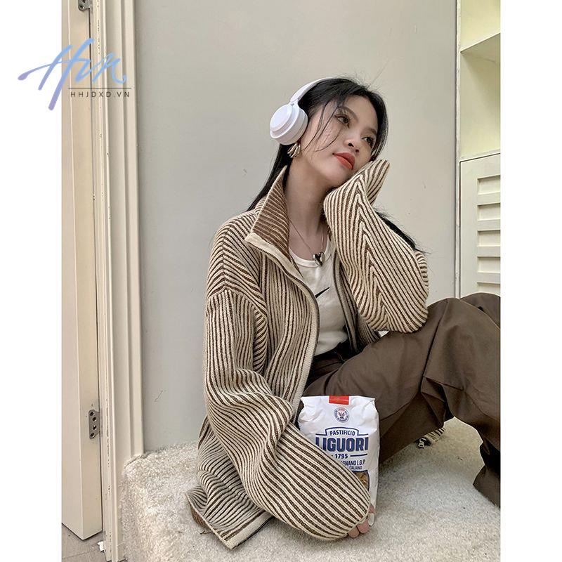 Áo Khoác Cardigan Dài Tay Có Khóa Kéo Phong Cách Retro Mỹ Hàng Mới 2022