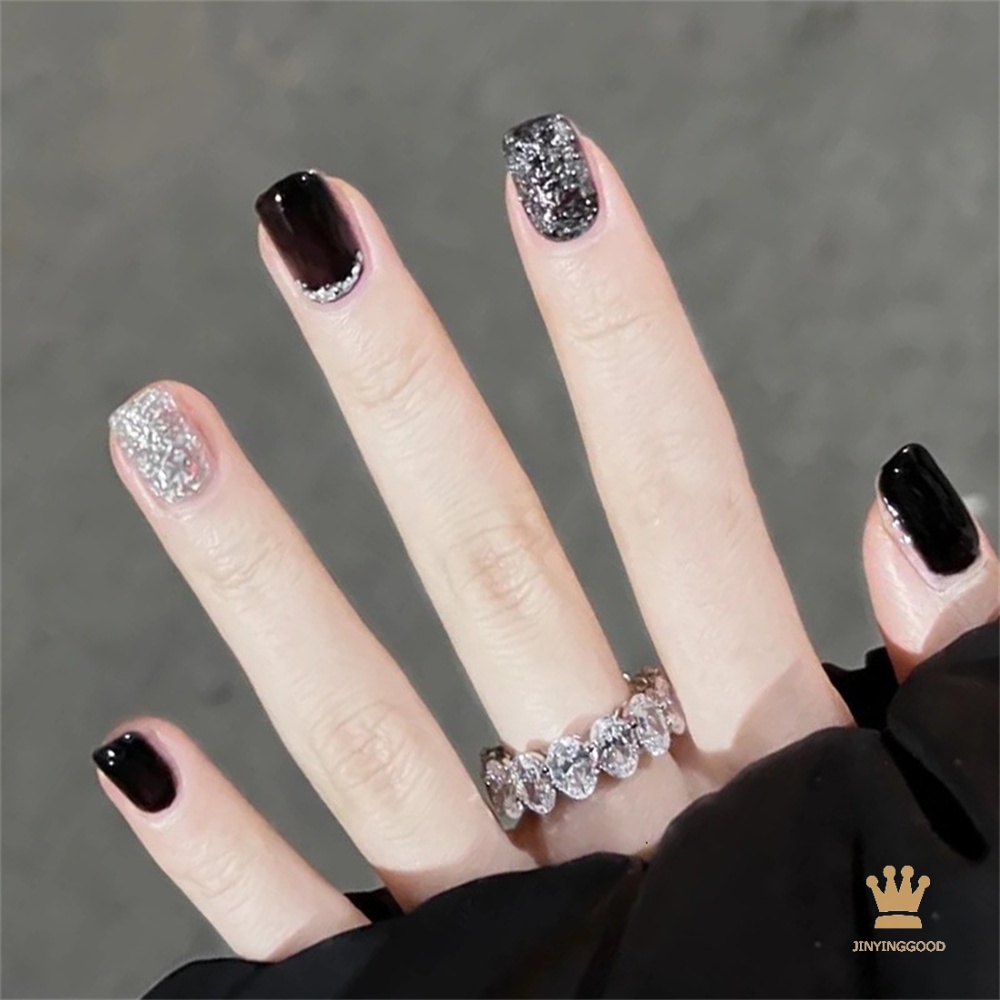 Bộ 24 Móng Tay Giả Màu Đen Đính Kim Tuyến Lấp Lánh Chuyên Dụng Cho Salon