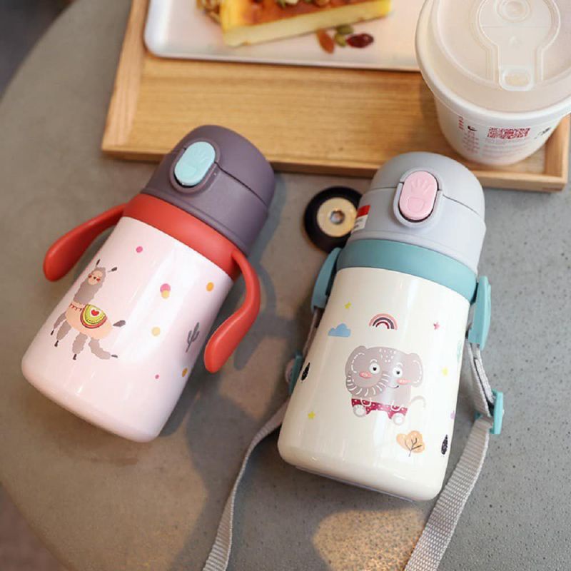 (Kèm dây đeo) Bình giữ nhiệt cao cấp ruột inox đáng yêu cho bé mang đi chơi, đi học