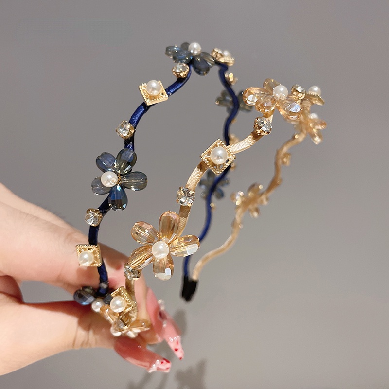 Băng Đô Cài Tóc Đính Hoa Pha Lê Phong Cách Hàn Quốc Ngọt Ngào Cho Nữ