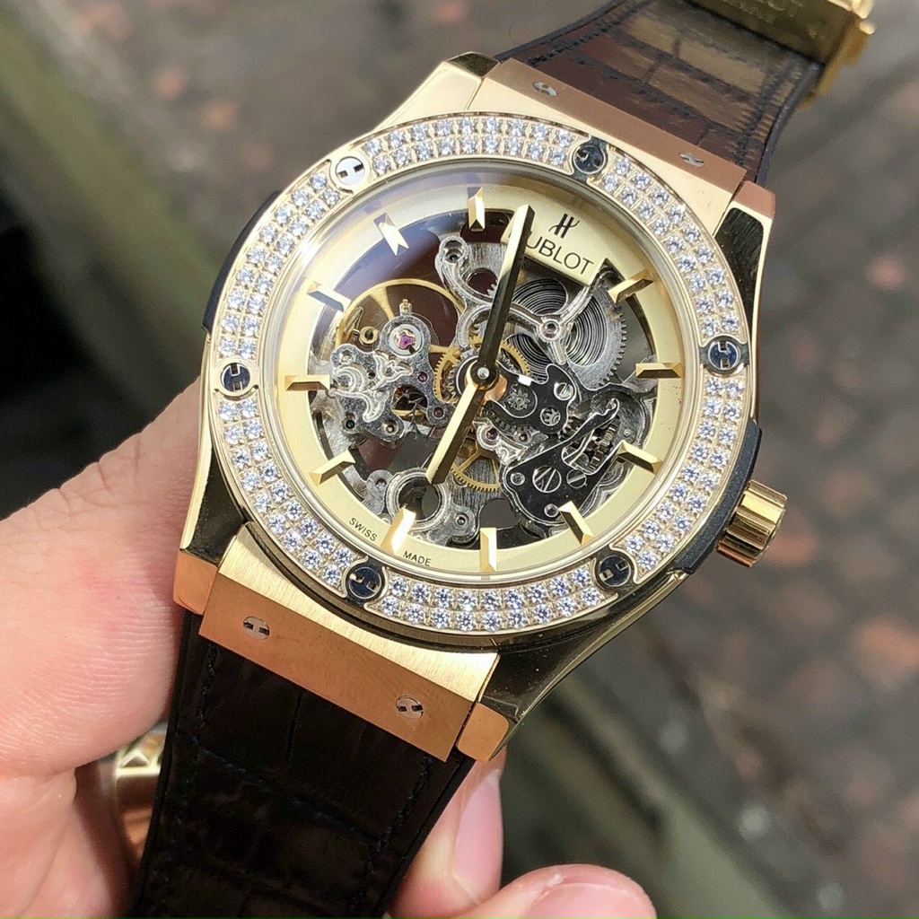Đồng Hồ Nam huBlot Sapphire HA84 Mặt Lộ cơ Viền đá Dây cao su Máy cơ Automatic Nhật