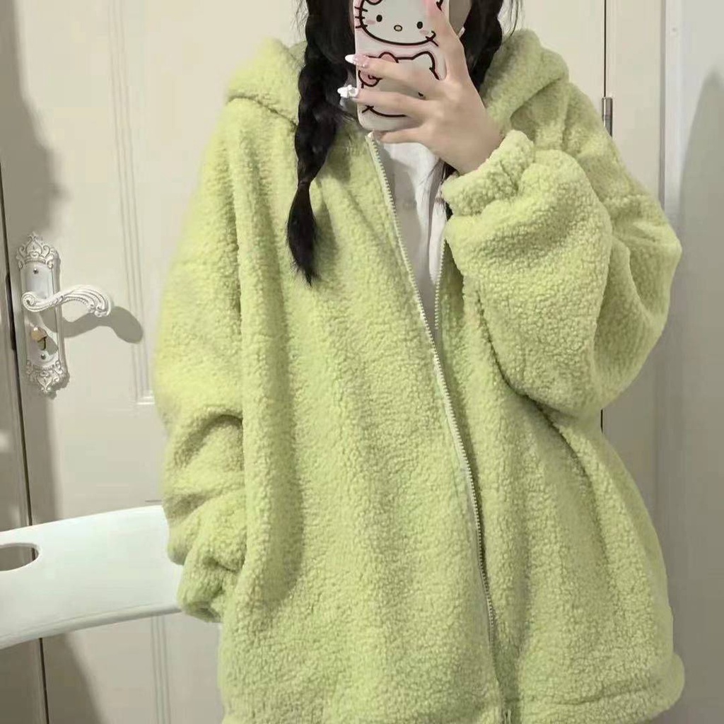 Màu xanh lá cây mùa thu và mùa đông có mũ trùm đầu lông cừu mới áo khoác rộng rãi áo len cardigan