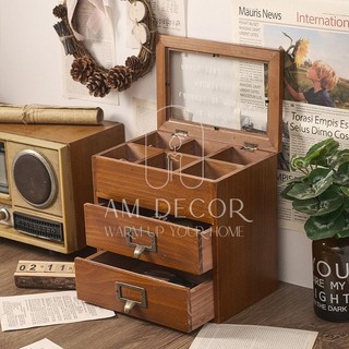 Tủ gỗ thông để bàn 2 ngăn kéo 1 nắp decor trang trí bàn làm việc, phòng khách sang trọng - AM Decor