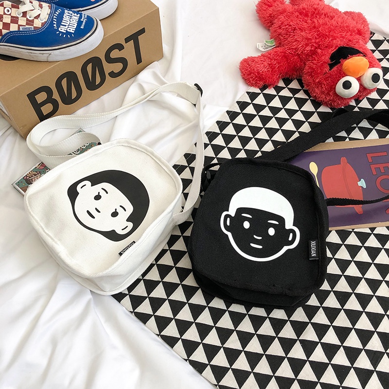 Túi tote đeo chéo mini vải canvas in hình cô gái dễ thương ngăn chính rộng rỗi đựng đồ đi học đi chơi