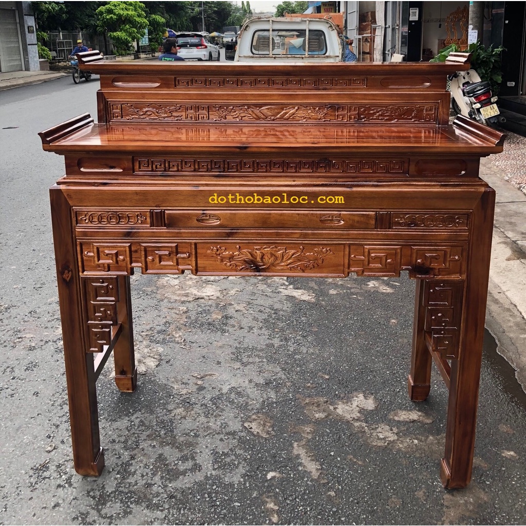 Bàn thờ gia tiên gỗ tràm bông vàng 2 tầng ,bàn mẹ bồng con 4 cỡ: 1m07,1m17,1m27 , 1m47 và 1m53