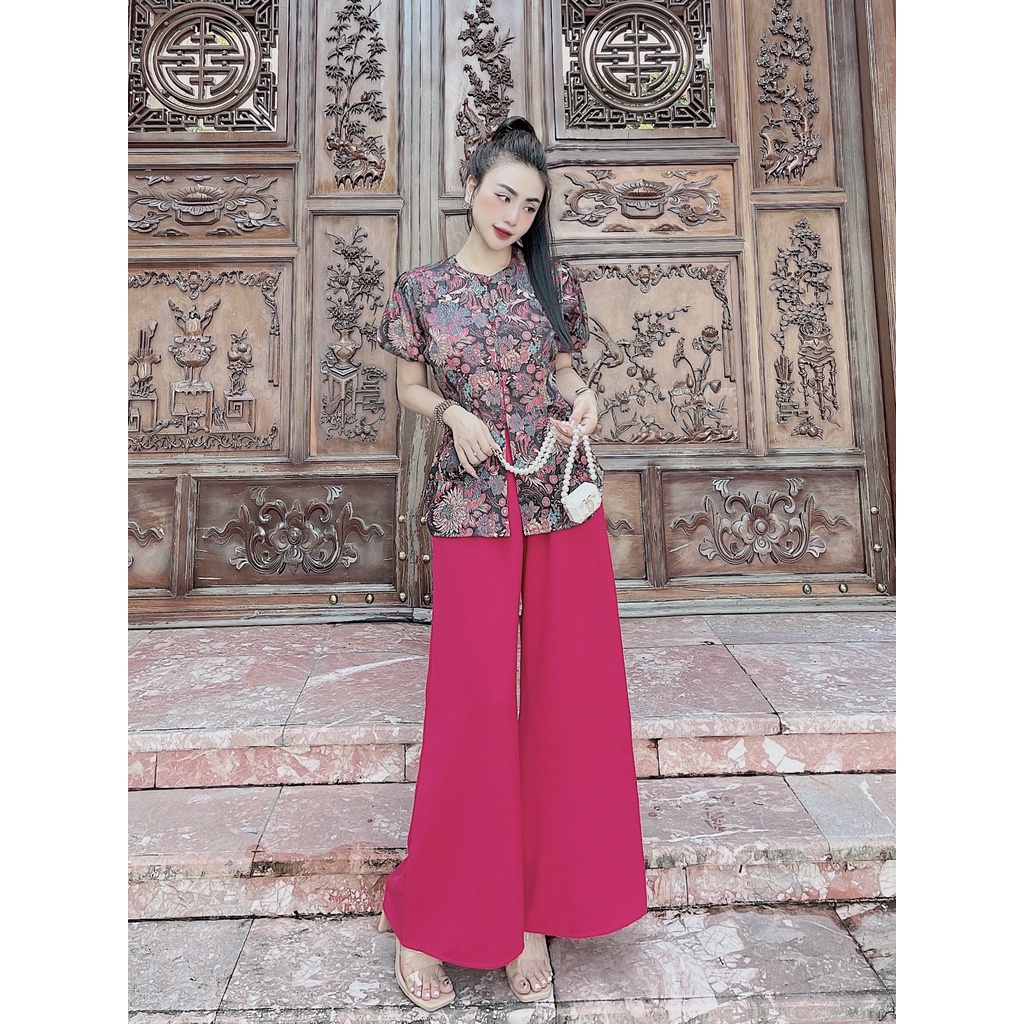 Set đồ Lam phật tử áo hoa gấm xước quần satin