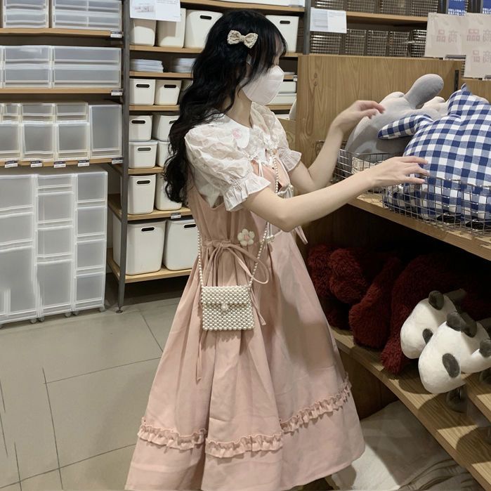 🌼váy babydoll Bộ Áo Sơ Mi Tay Ngắn Cổ Búp Bê + Đầm Yếm Dáng Rộng Phong Cách Mori Hàn Quốc Thời Trang Mùa Hè Mới Cho