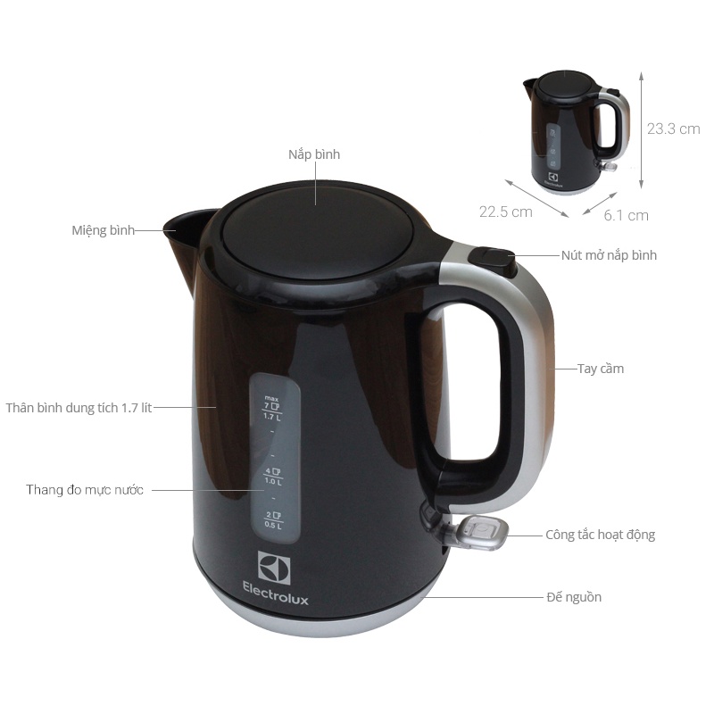Bình đun siêu tốc Electrolux 1.7 lít EEK3505-HÀNG CHÍNH HÃNG