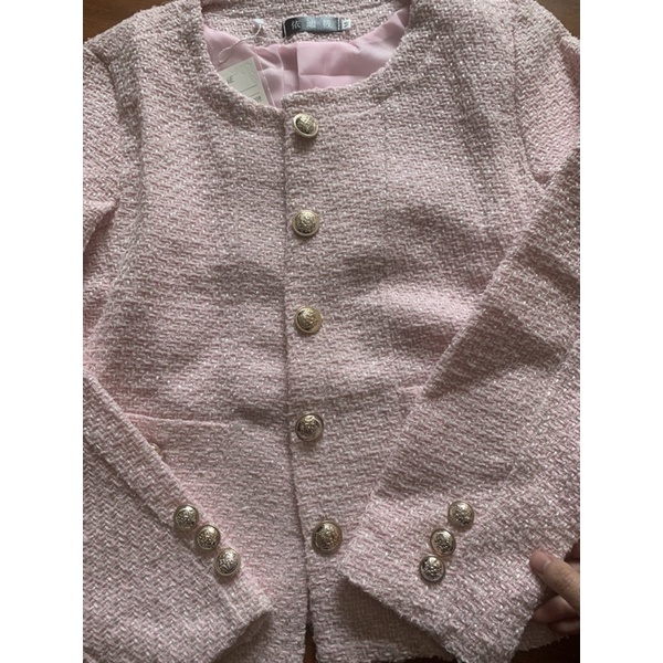 Áo Khoác Dạ Tweed Tay Dài Cổ Tròn Hồng 2 Túi