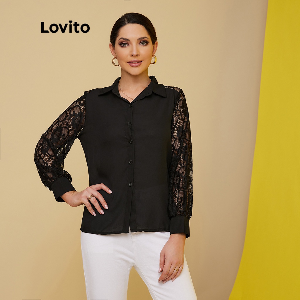 18de-Áo kiểu Lovito có cổ phối ren tương phản thanh lịch L17X345 (màu đen)
