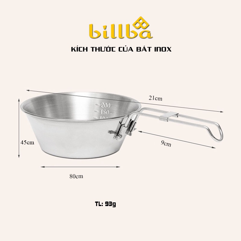Chén  ăn cơm có tay cầm gập gọn bằng inox 304 dùng đi dã ngoại cắm trại ngoài trời BB4253 - Billba outdoors