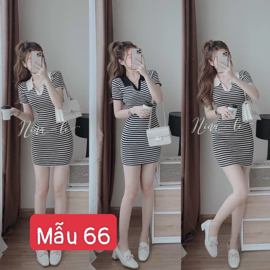 Đầm body cổ bẻ tay ngắn sọc ngang trắng đen freesize/MS763 MÃ 66